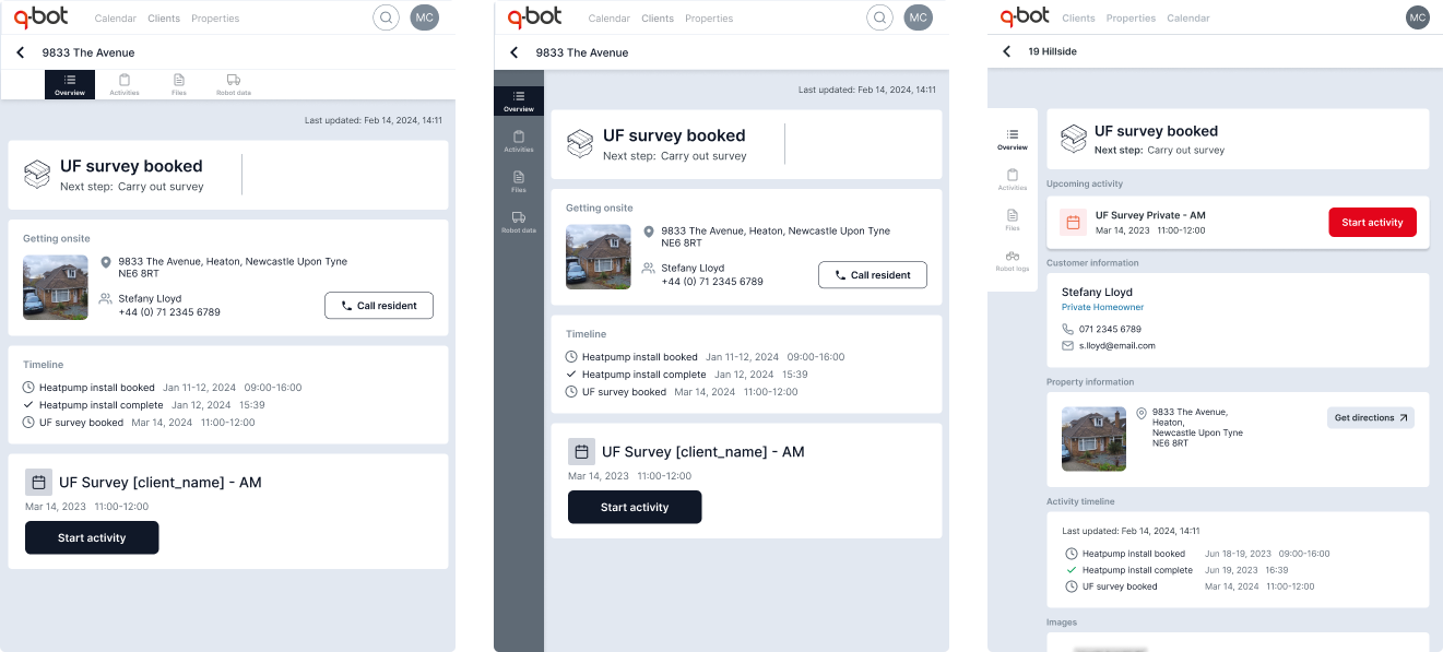 Selected screens from design development